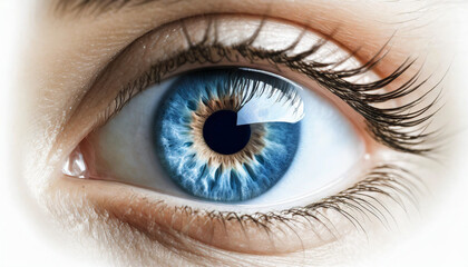 Fototapeta premium Human blue eye with button inside. Eye vision concept. Abstract image. Closeup.