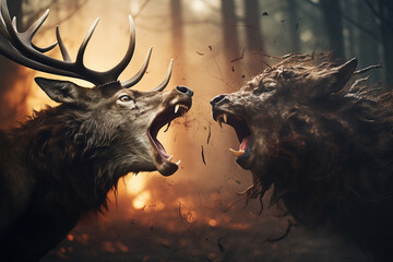 Brown deer fight during the rut clashing his antlers.