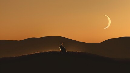 A crescent moon illuminates a rabbit silhouette on the dark, chocolatey hills