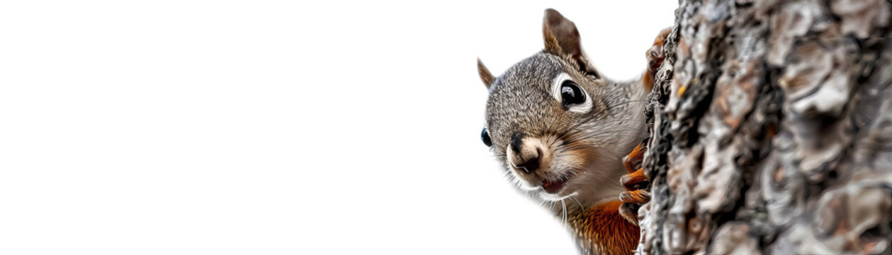 Curious squirrel peeking out from behind a textured tree trunk isolate on transparent background, cutout, png
