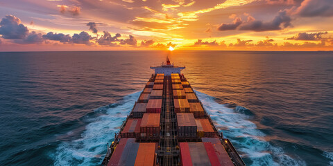 A cargo ship laden with containers sails into the sunset on a calm ocean.