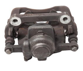 Old metal brake caliper on a white background for replacement during the repair of the chassis or...