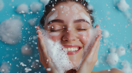 Skincare Routine with Smiling Woman Using Foaming Cleanser at Her Bathroom. Female Beauty Model For SPA and Cosmetic Concept. 