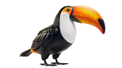 Fototapeta premium A vibrant, colorful toucan with a large orange beak, standing isolated on white background