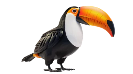 Zelfklevend Fotobehang A vibrant, colorful toucan with a large orange beak, standing isolated on white background © NightTampa