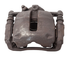 Old metal brake caliper on a white background for replacement during the repair of the chassis or...