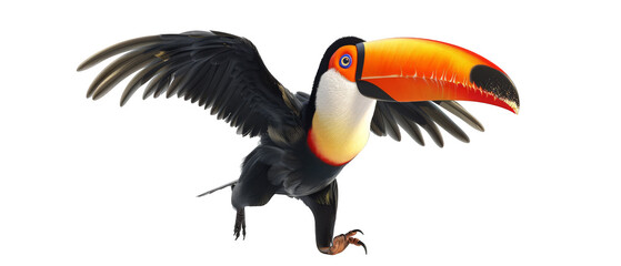 Fototapeta premium A vibrant, colorful toucan with a large orange beak, standing isolated on white background