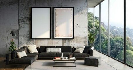 Modern Living Room with Panoramic Landscape and Empty Poster - obrazy, fototapety, plakaty