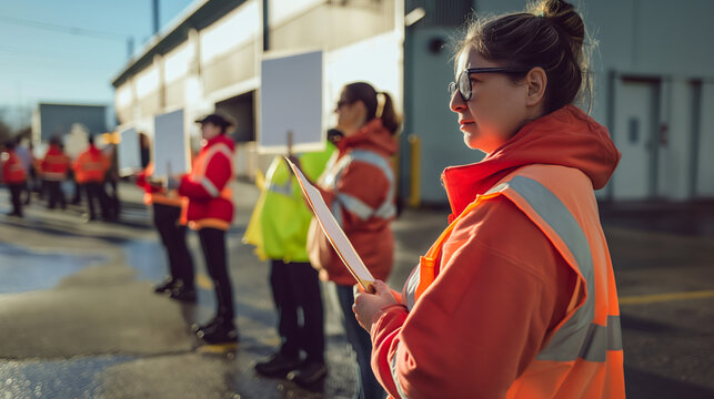 Female warehouse worker with an orange vest holding a whiteboard and meeting workers in a strike at a factory entrance, working people wearing safety gear at a picket line near an industrial building.
