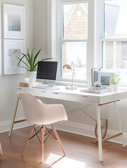 A beautifully lit home office space with a cozy and airy atmosphere, facilitated by large windows and ample light
