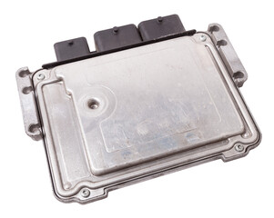 Plastic car engine control unit with metal elements on a white isolated background is the connecting center of various subsystems, units and assemblies. Monitoring the state of the moment. Spare part