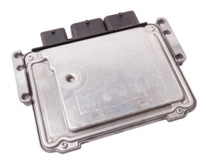 Plastic car engine control unit with metal elements on a white isolated background is the connecting center of various subsystems, units and assemblies. Monitoring the state of the moment. Spare part