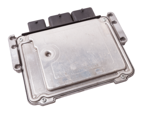 Plastic car engine control unit with metal elements on a white isolated background is the connecting center of various subsystems, units and assemblies. Monitoring the state of the moment. Spare part