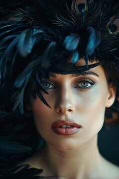 feathers ,photography Colors ,close-up portrait photograph of a wonderful and beautiful woman. The image stands out with its minimalist approach, 