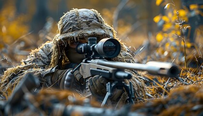 Ghillie-clad Special Forces sniper camouflaged on ground with rifle - obrazy, fototapety, plakaty