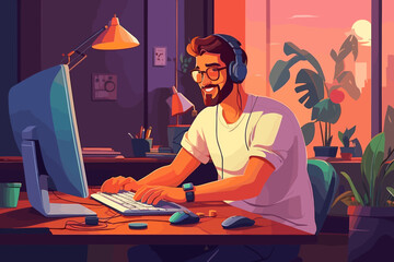 a man works on a computer. Vector flat illustration