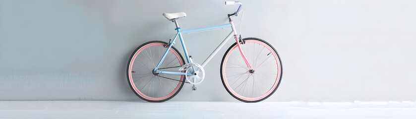 Capture the retro vibe with this vintage-inspired blue bicycle featuring pink wheels, poised in a bright, airy space