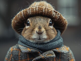 Adorable and cute squirrel portrait wearing retro and vintage clothes, retro accessories, nostalgia, vintage, 1800s, 1900s, 1920s, 1950s, 1960s, 1980, 1990, 2000s