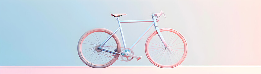 A minimalist pastel pink fixed-gear bike set against a soft blue-pink gradient background, evoking a sense of simplicity and style