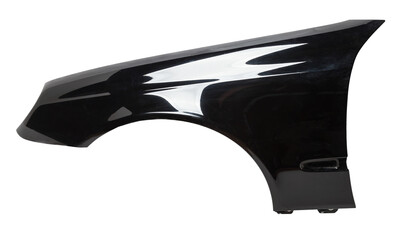 Black metallic fender on a white isolated background in a photo studio for sale or replacement in a car service. Mudguard on auto-parsing for repair or a device to protect the body from dirt.