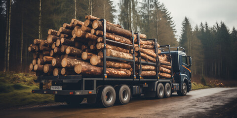 A loaded timber truck drives along a forest road, transporting a heavy cargo of cut logs in a rural setting.	
