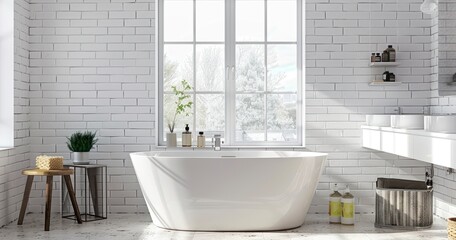 Fototapeta na wymiar Modern Bathroom Design with Window View and Equipment