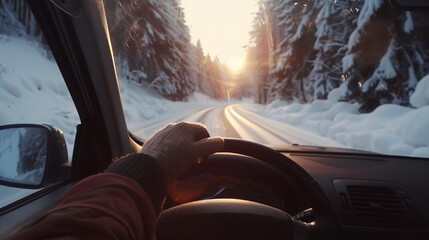 a person driving a car on a snowy road in the wintertime with the sun shining through the trees