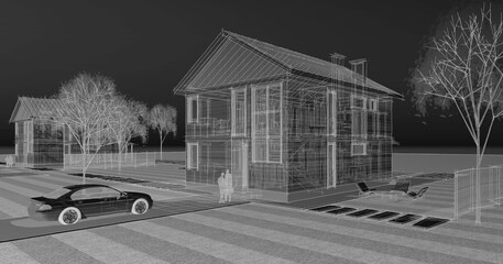 townhouse architectural sketch 3d illustration	
