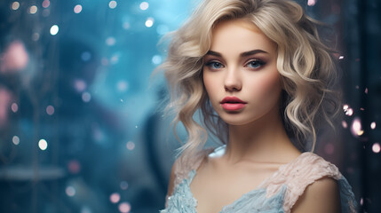 Perfect photography of a beautiful sensual blonde girl with delicate makeup, luxurious hair, against a colorful fantasy background
