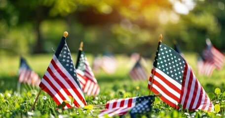 Memorial Day Tribute with Mini Flags Adorning Green Grass