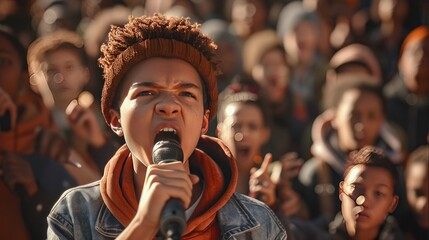 Youth Leading Protest with Passionate Speech, determined young person addresses a crowd with fervor, embodying the voice of activism in a public demonstration
