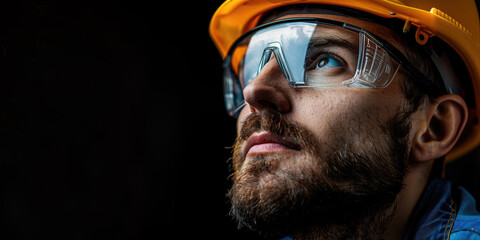 builder in a yellow safety helmet and safety glasses on a dark background
