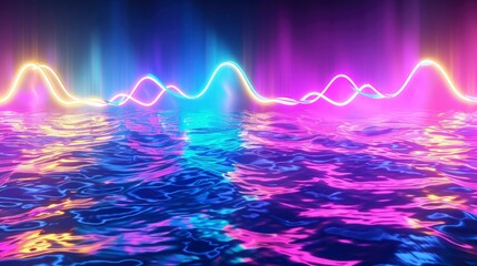 Abstract neon light fluorescent Neon Lights glow ,Reflection on water, exhibition background 3D illustration - generative ai - obrazy, fototapety, plakaty