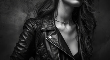 Mysterious Woman in Black Leather, Black and white portrait of an unrecognizable woman clad in a...