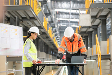 Male and female engineers work together in an electric repair station, Check the details of the...