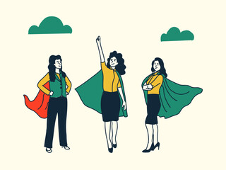 Confident businesswoman in a superhero cape, Businesswoman showing Strong, confident and successful. Leadership, courage, power, success vector concept. Female  or manager succeed, having promotion