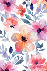 watercolor flowers pattern, white background, 