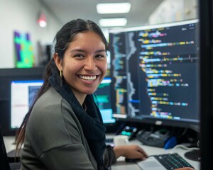 Smiling Latina Female Software Developer Working at Desk with Multiple Computer Screens Displaying Code, Copy Space