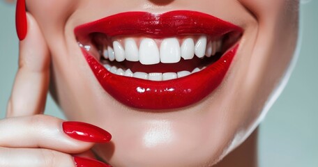 Radiant Smile After Teeth Whitening, Red Lips Accentuate Beauty - obrazy, fototapety, plakaty