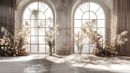 room bathed in natural light streaming through two windows, each adorned with delicate bronze flowers and roses, framed by a glass wall that accentuates the photorealistic ambiance.