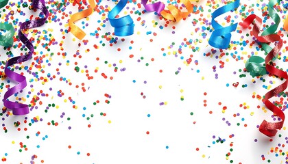 Obraz premium Colorful confetti and streamers on white backdrop, perfect for birthdays or New Year's celebrations. Ample copy space available