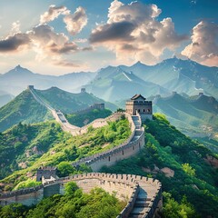 Panoramic Majesty: The Great Wall Amidst Verdant Mountains