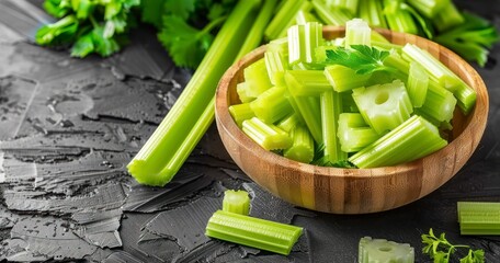 Vibrant Celery Pieces Presented in Wooden Bowl on Rustic Background