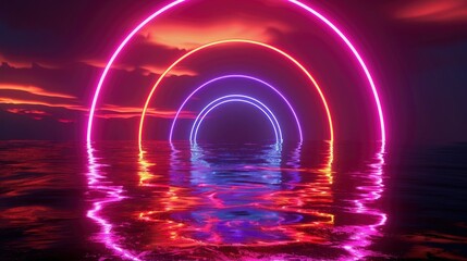 Abstract neon light fluorescent Neon Lights glow ,Reflection on water, exhibition background 3D illustration - generative ai