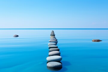 Tranquil zen blue water with stepping stones for relaxation, meditation, and peaceful contemplation - obrazy, fototapety, plakaty