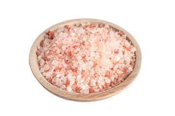Pink Himalayan salt in wooden bowl isolated on white background.