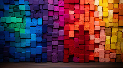 A multicolored rainbow of yarn, beautifully arranged on a background of wooden blocks