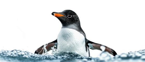 Penguin comes out of the sea isolate on transparent background, cutout, png