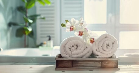 Vintage Drawer and Spa Towels with Orchid Accents in a Blurred Bathroom - obrazy, fototapety, plakaty