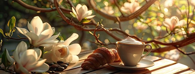 a cappuccino cup and chocolate croissant nestled amidst a profusion of magnolias on a table, bathed...